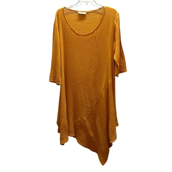 bryn Walker Tops - Bryn Walker Lagenlook Gauzy Cotton Tunic Top Asymmetrical Hem Saffron Gold S